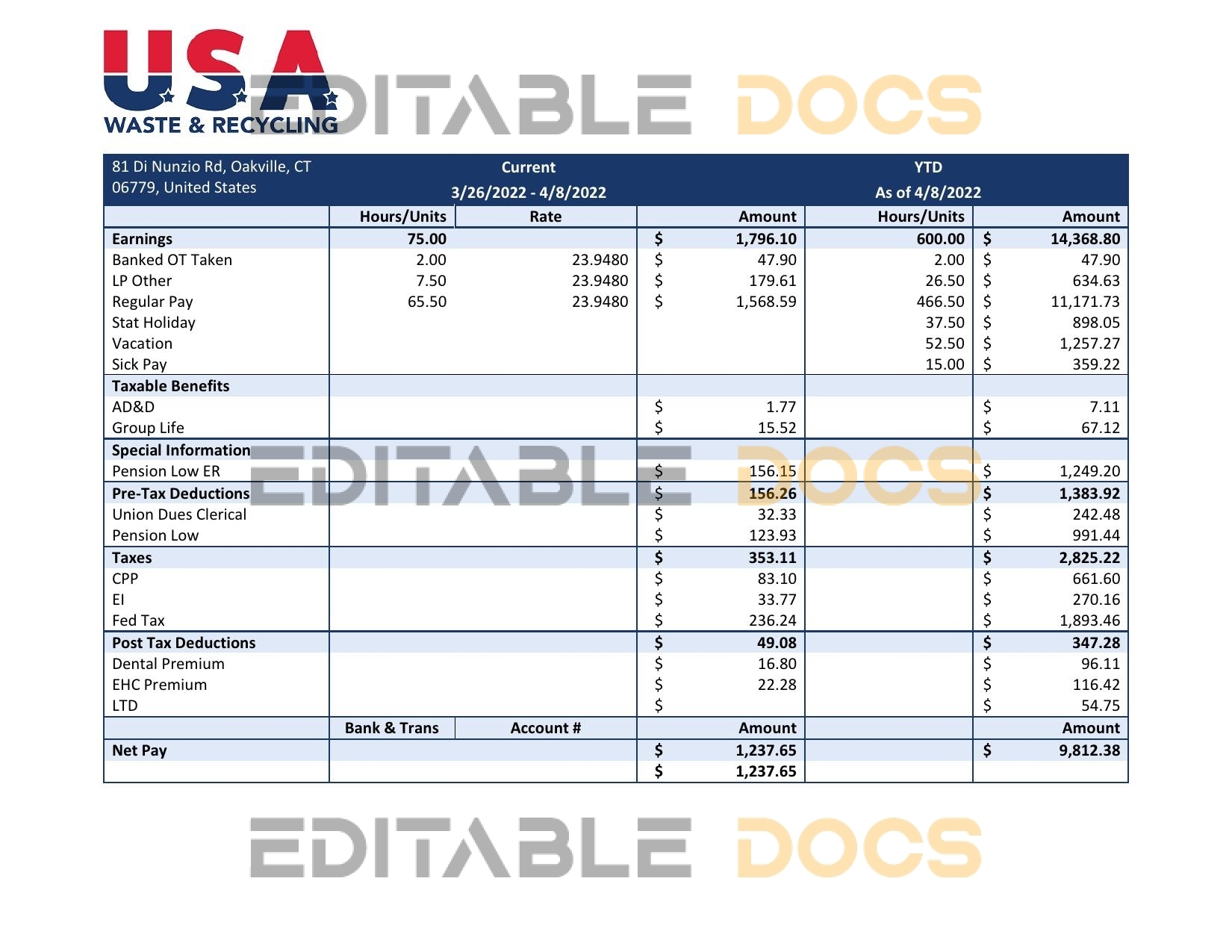 USA Waste & Recycling recycling company pay stub Word and PDF template