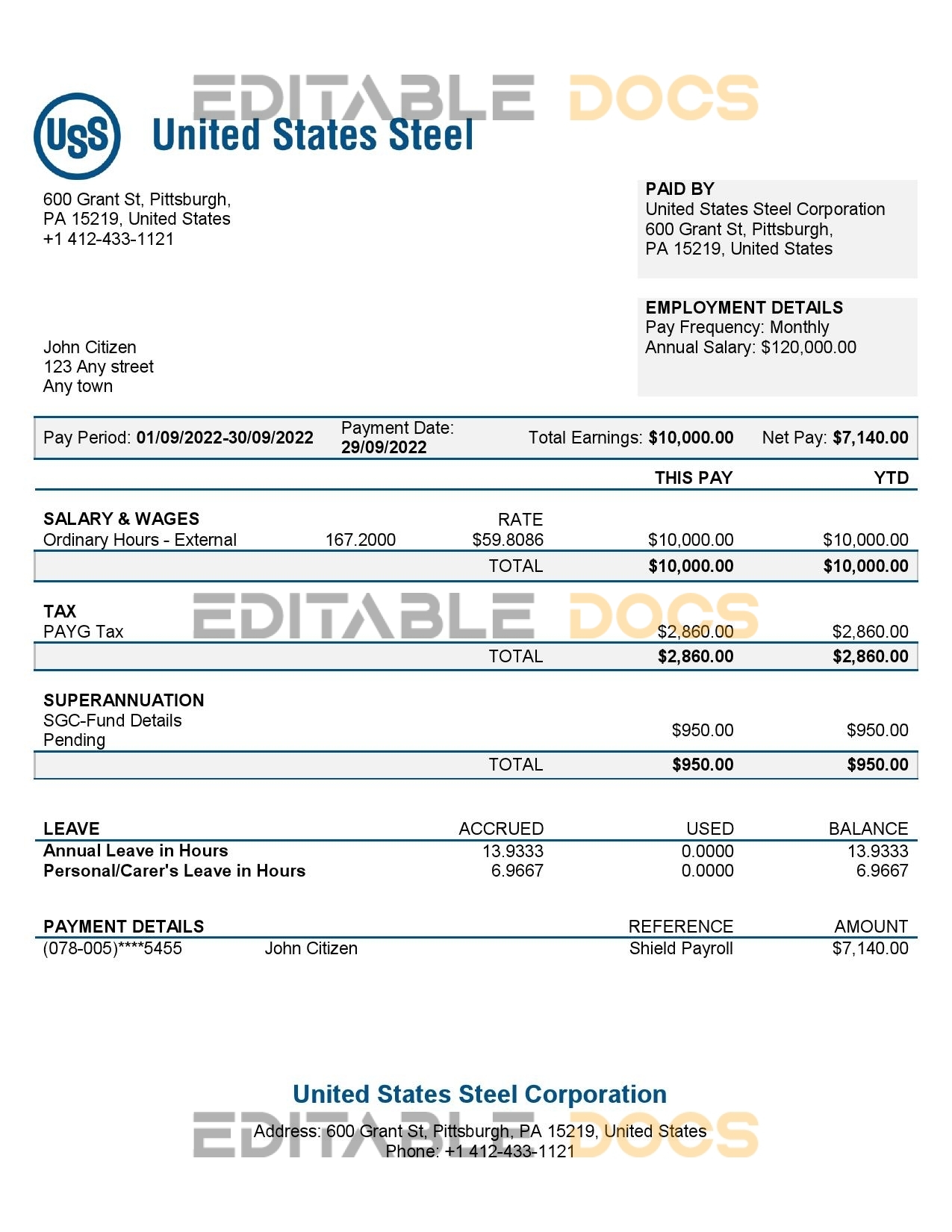USA United States Steel Corporation steel production company pay stub Word and PDF template