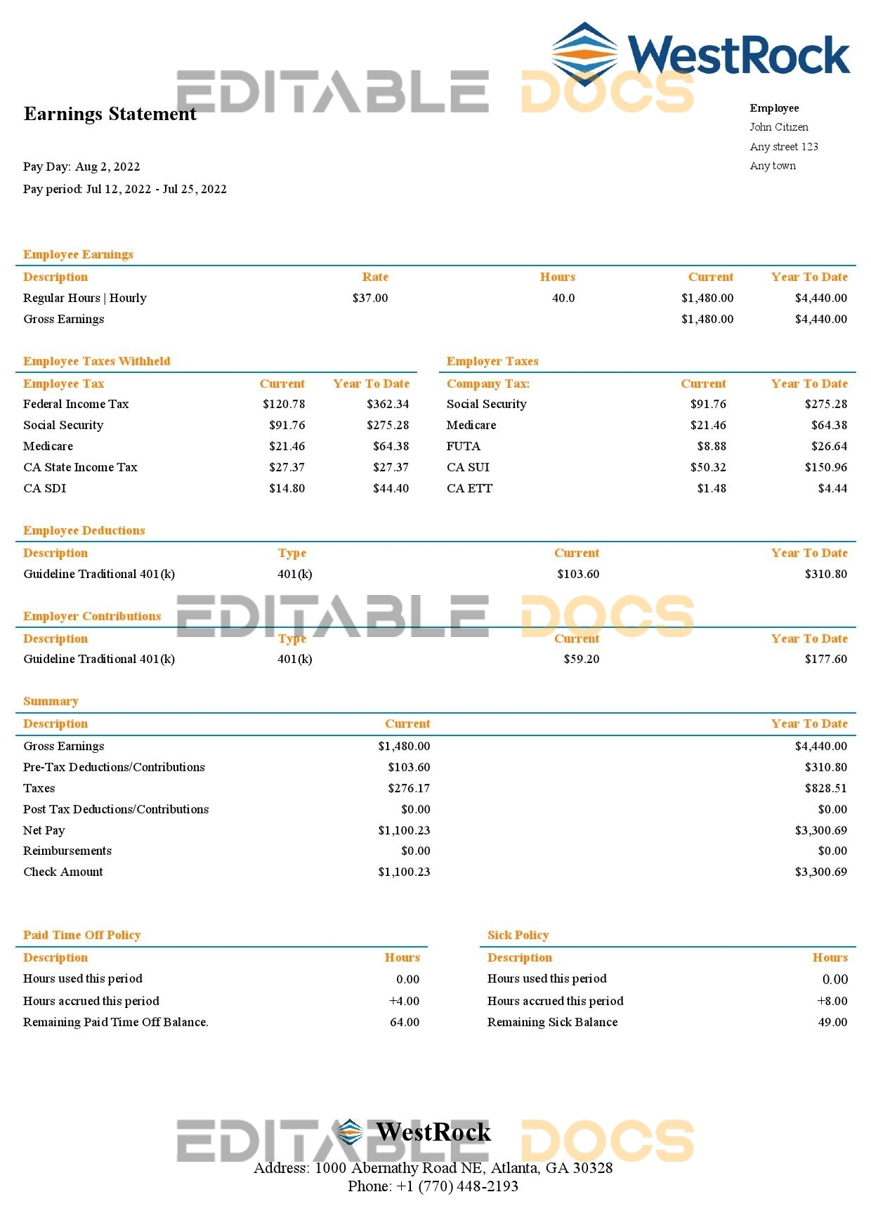 USA WestRock packaging company pay stub Word and PDF template