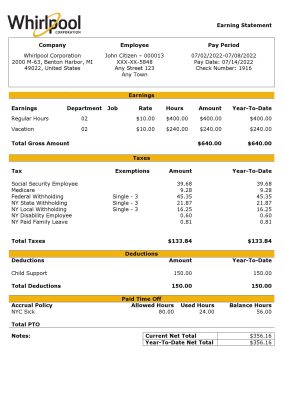 USA Whirlpool Corporation commercial company pay stub Word and PDF template