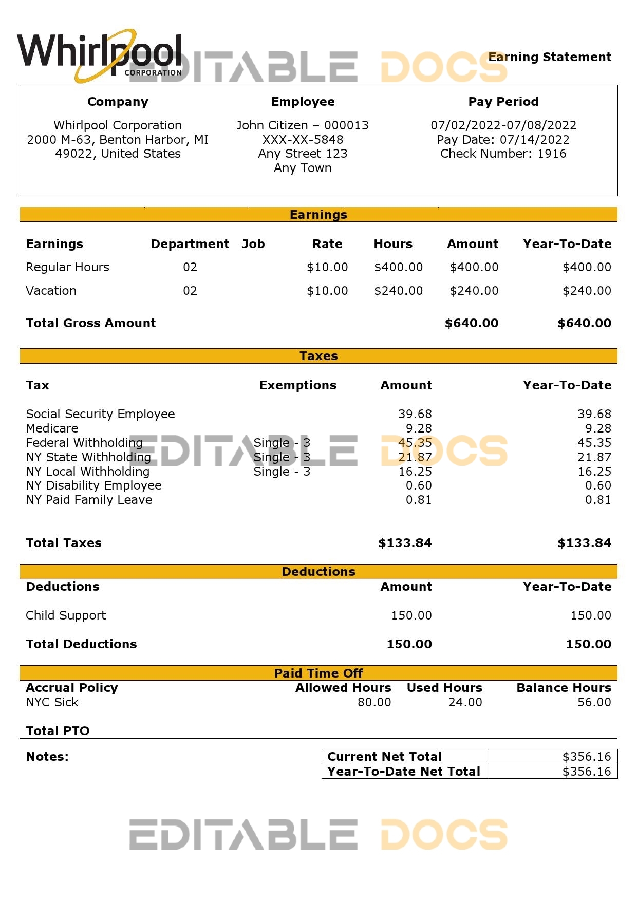 USA Whirlpool Corporation commercial company pay stub Word and PDF template