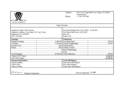 USA Wynn Resorts hospitality company pay stub Word and PDF template