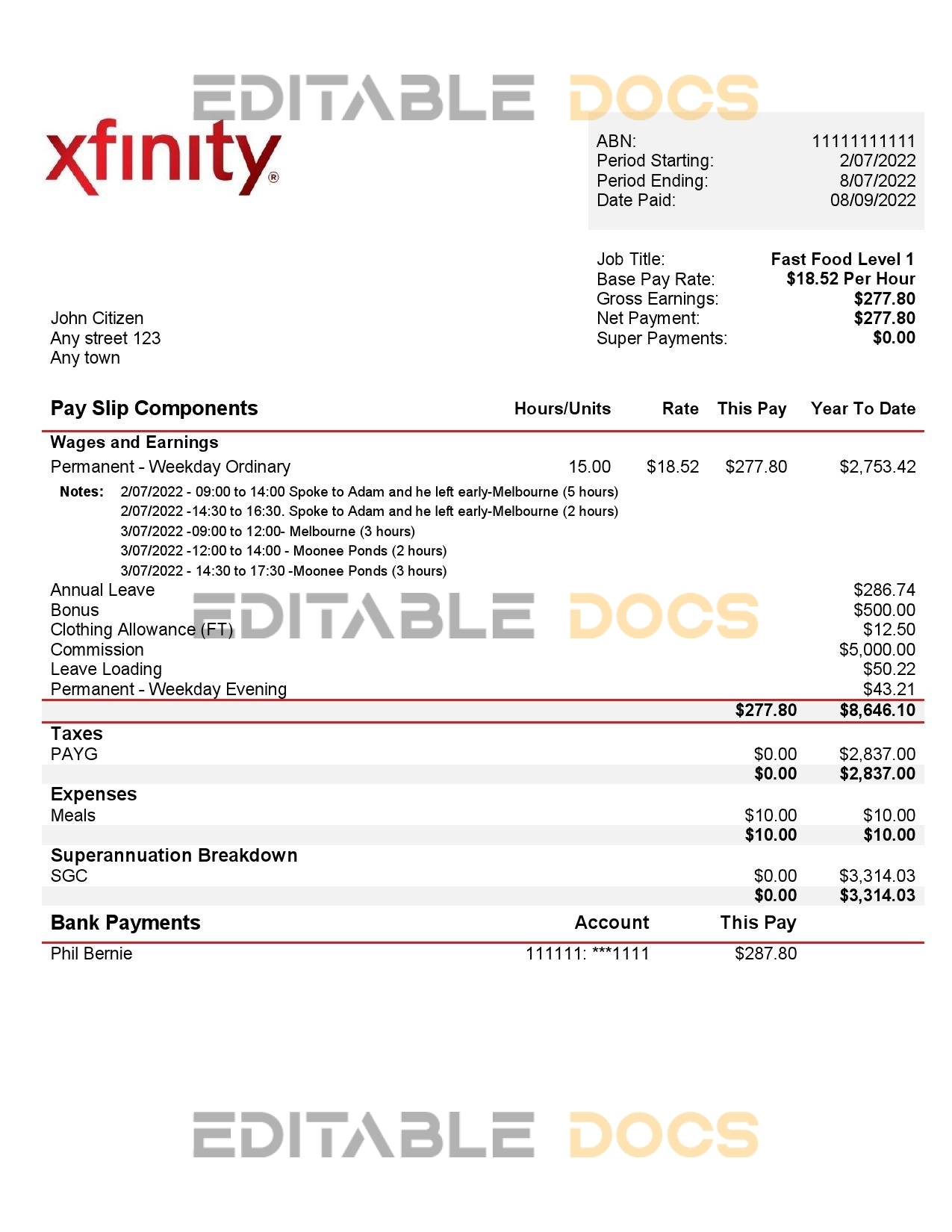 USA Xfinity broadasting company pay stub Word and PDF template