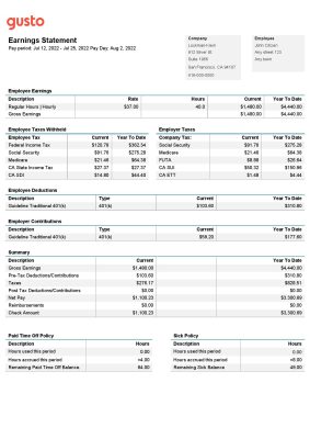 USA California business providing company earnings statement template in Word and PDF format