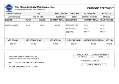 USA Texas commercial cleaning company earnings statement template in Word and PDF format