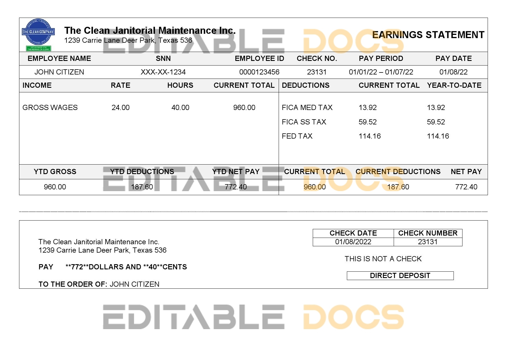USA Texas commercial cleaning company earnings statement template in Word and PDF format