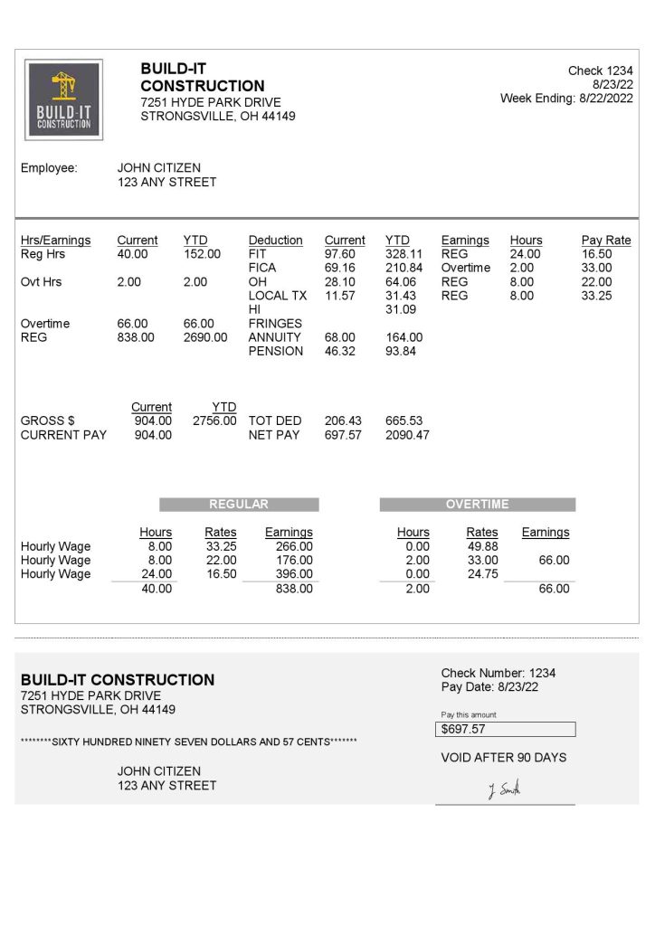 USA Ohio construction company earnings statement template in Word and PDF format