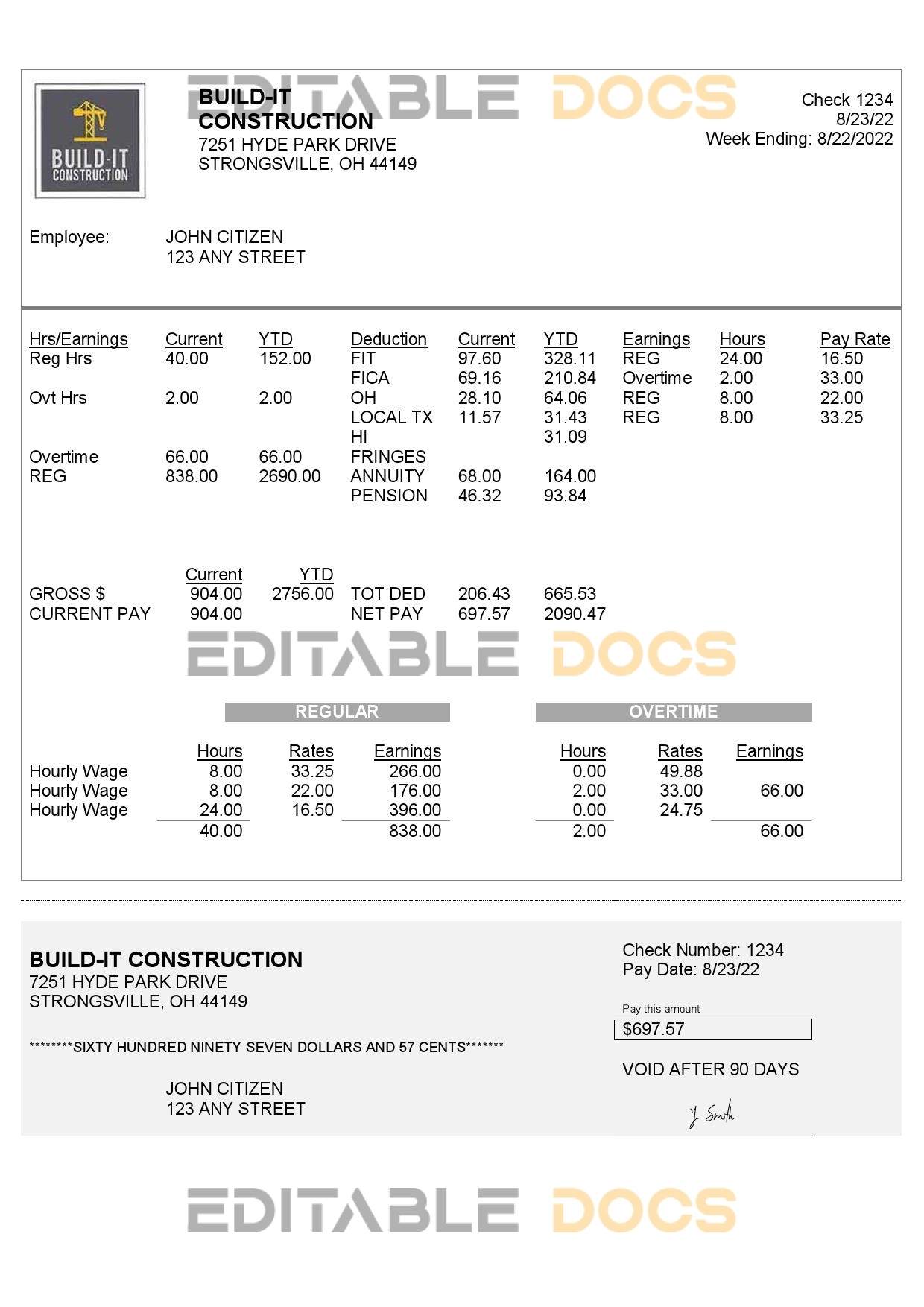 USA Ohio construction company earnings statement template in Word and PDF format