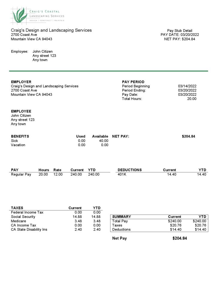 USA California design & landscaping services company pay stub template in Word and PDF format