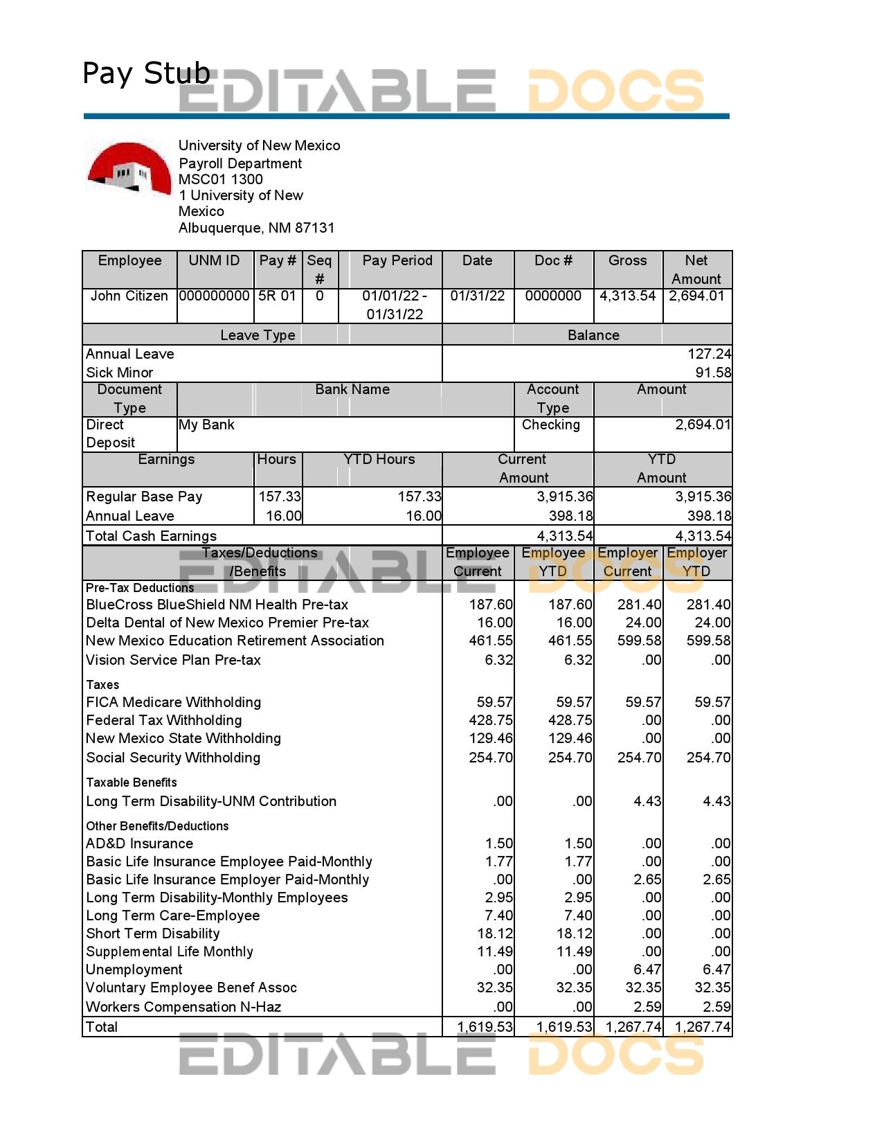 USA educational company employee sheet template in Word and PDF format, version 2