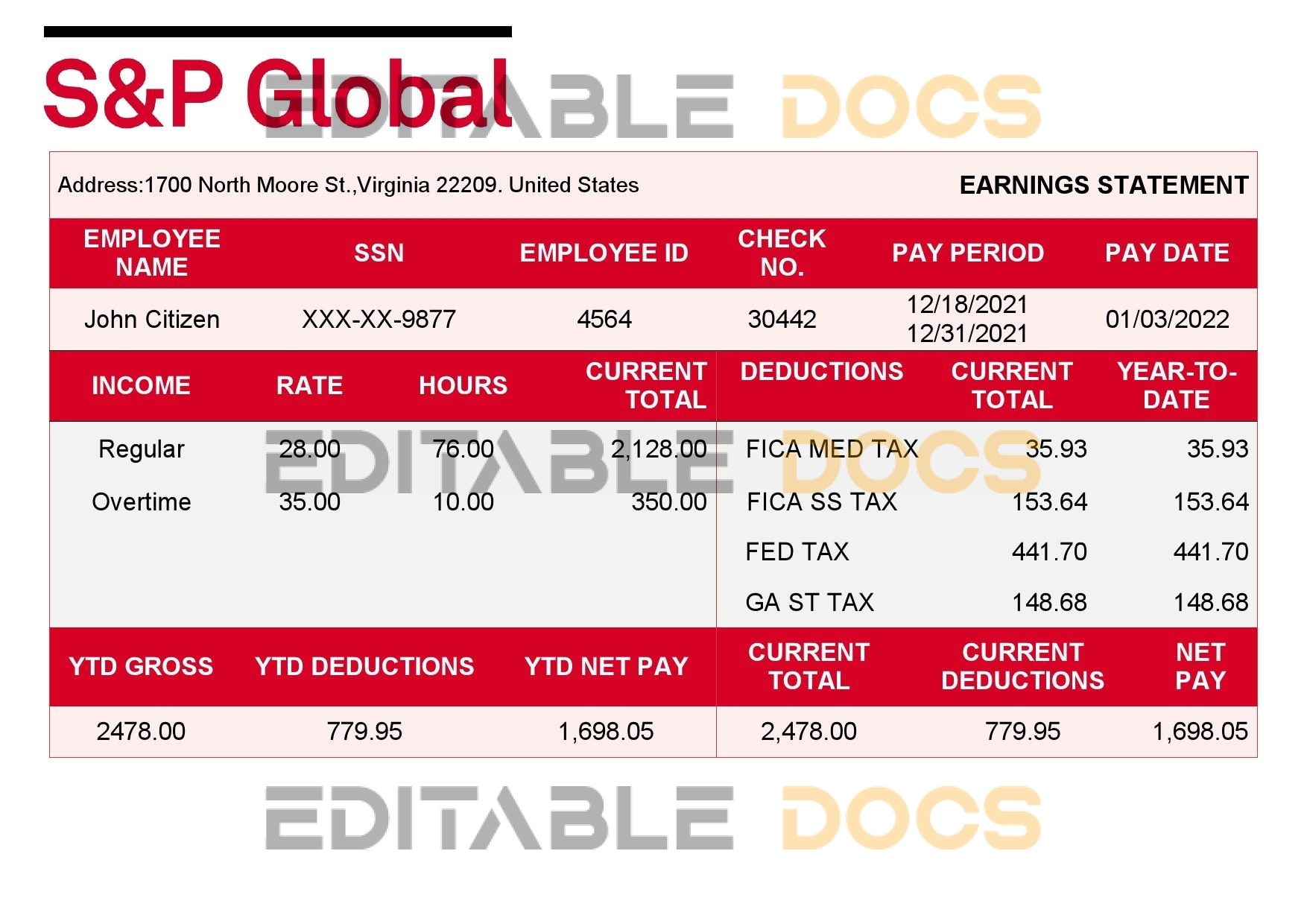 USA financial company earning statement template in Word and PDF format
