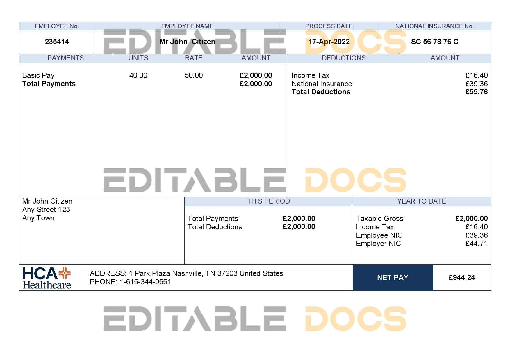USA healthcare company employee sheet template in Word and PDF format