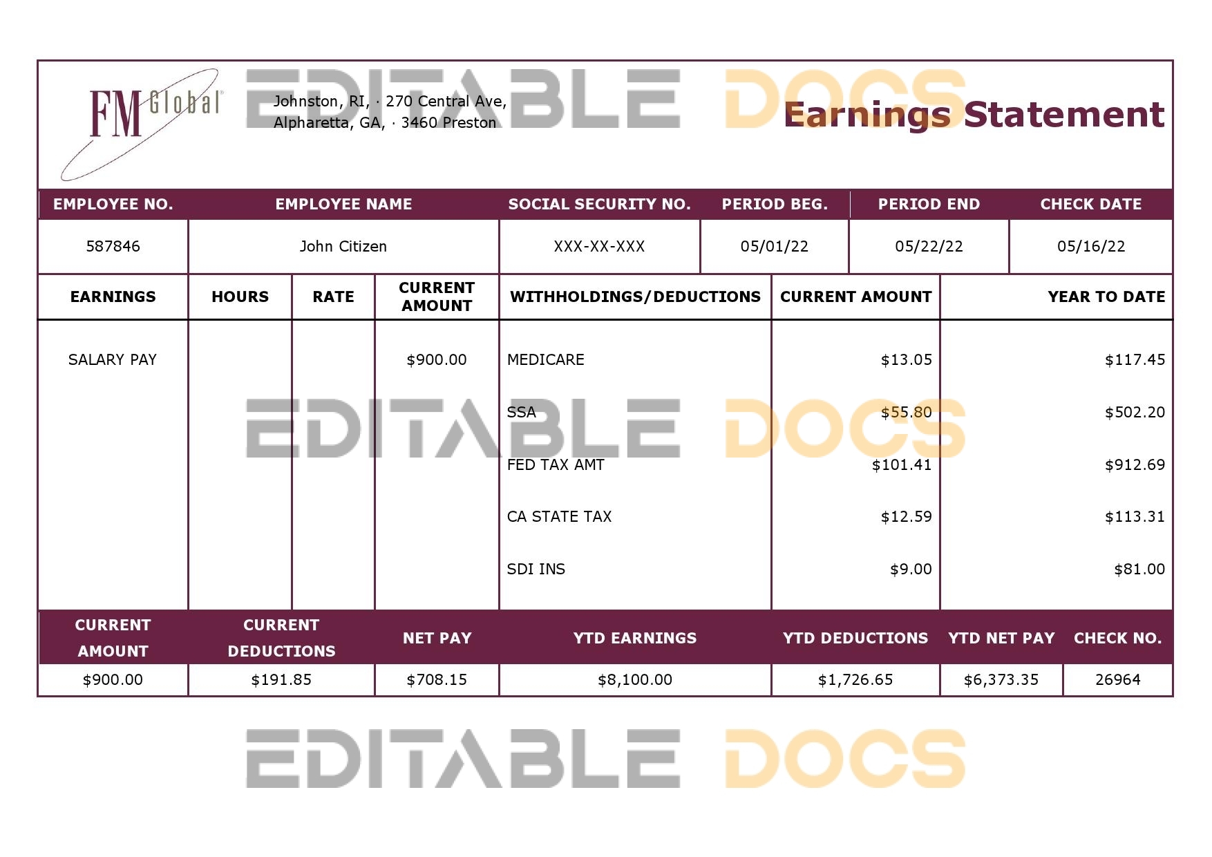 USA insurance company earning statement template in Word and PDF format