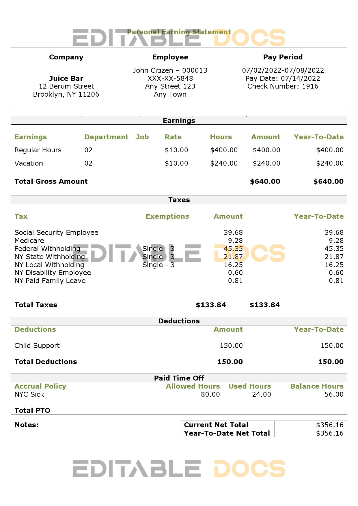 USA personal earning statement template in Word and PDF format