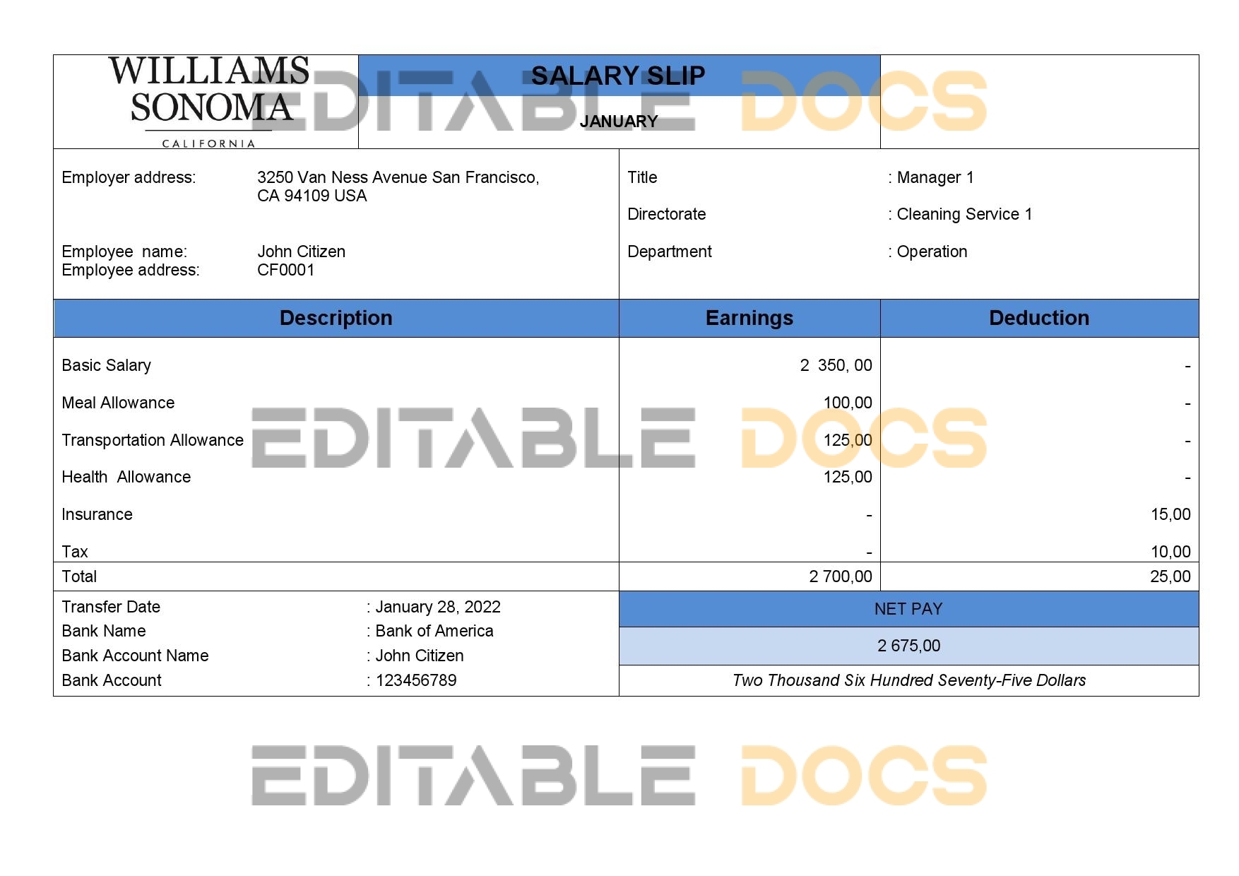 USA retail company employee sheet template in Word and PDF format, version 2