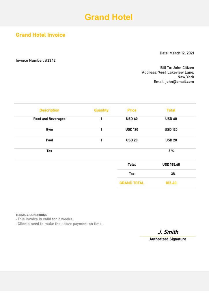 USA Grand Hotel invoice template in Word and PDF format, fully editable