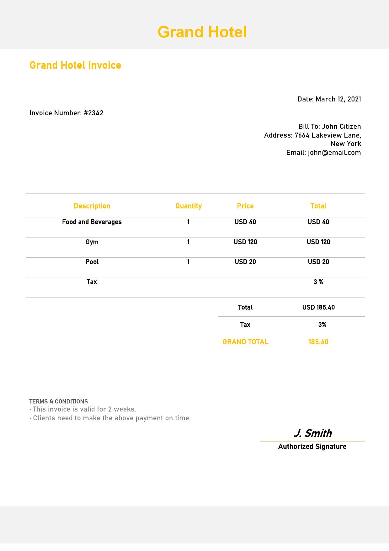 USA Grand Hotel invoice template in Word and PDF format, fully editable
