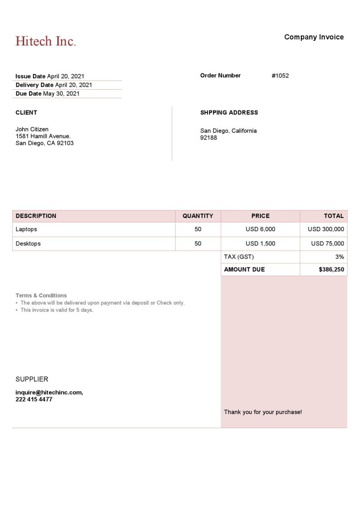USA Hitech Inc. invoice template in Word and PDF format, fully editable