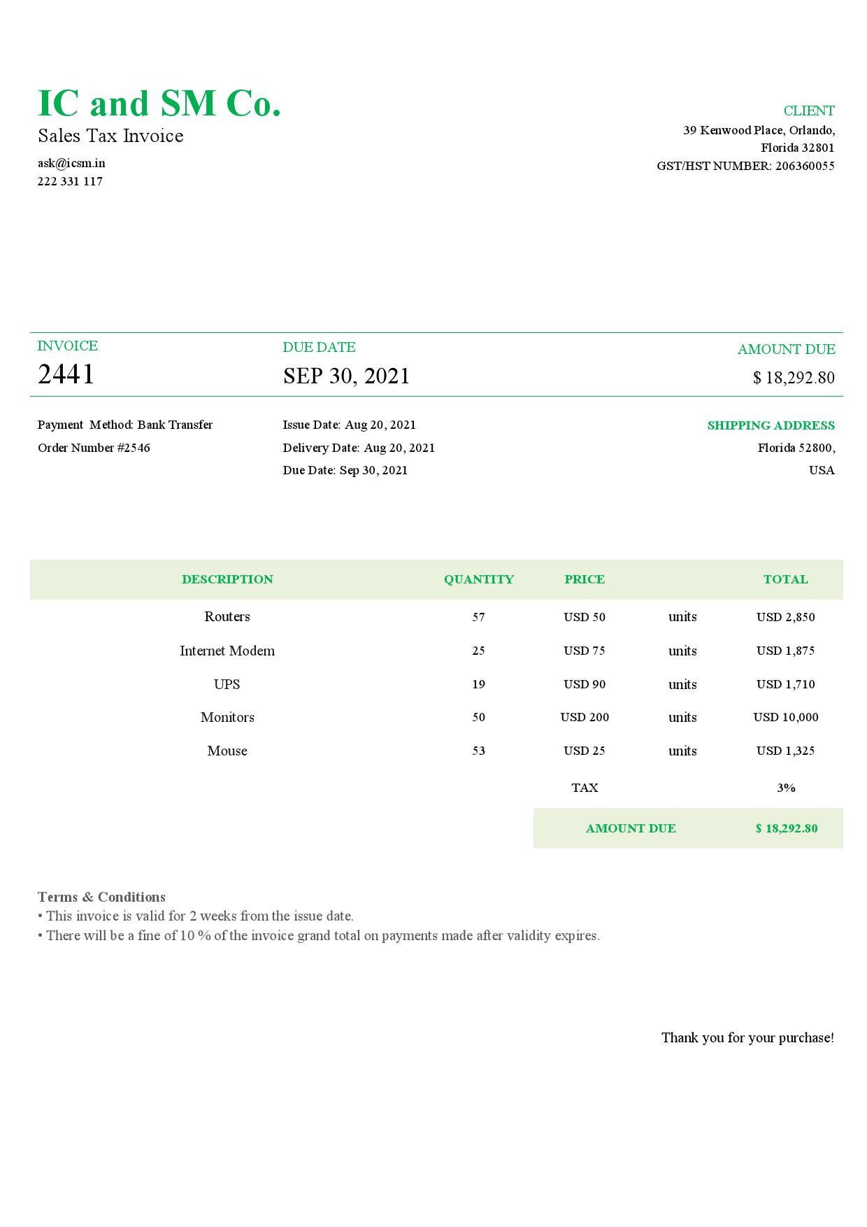 USA IC and SM Co. invoice template in Word and PDF format, fully editable