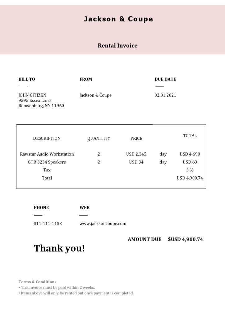 USA Jackson & Coupe invoice template in Word and PDF format, fully editable