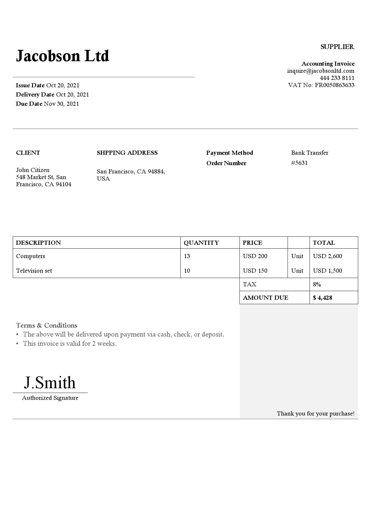 USA Jacobson Ltd invoice template in Word and PDF format, fully editable
