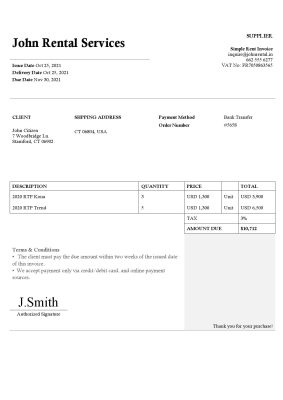 USA John Rental Services invoice template in Word and PDF format, fully editable