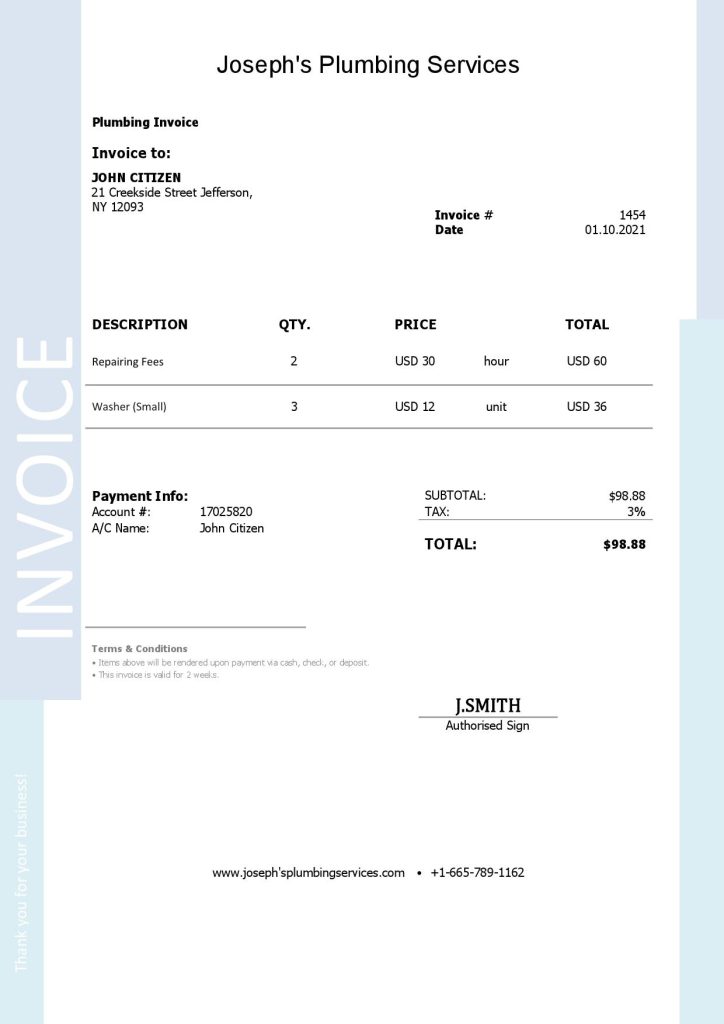USA Joseph’s Plumbing Services invoice template in Word and PDF format, fully editable