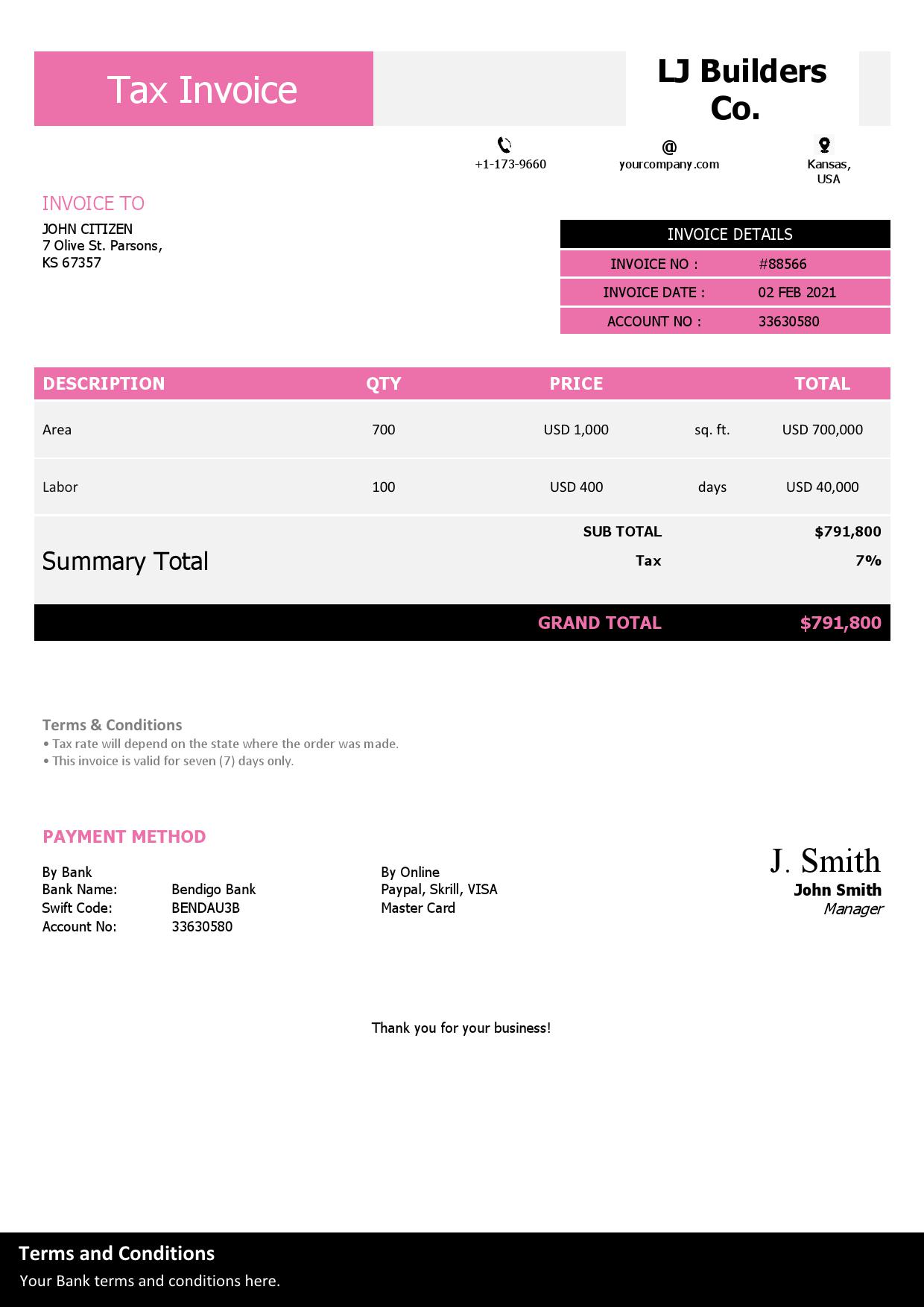 USA LJ Builders Co. invoice template in Word and PDF format, fully editable