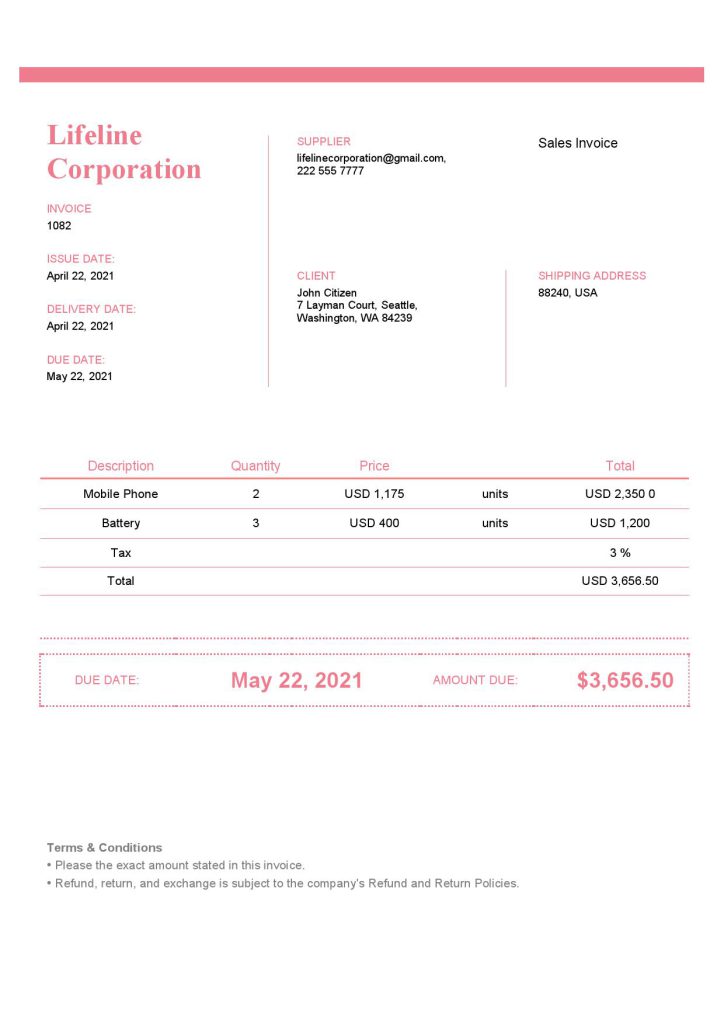 USA Lifeline Corporation invoice template in Word and PDF format, fully editable, version 2