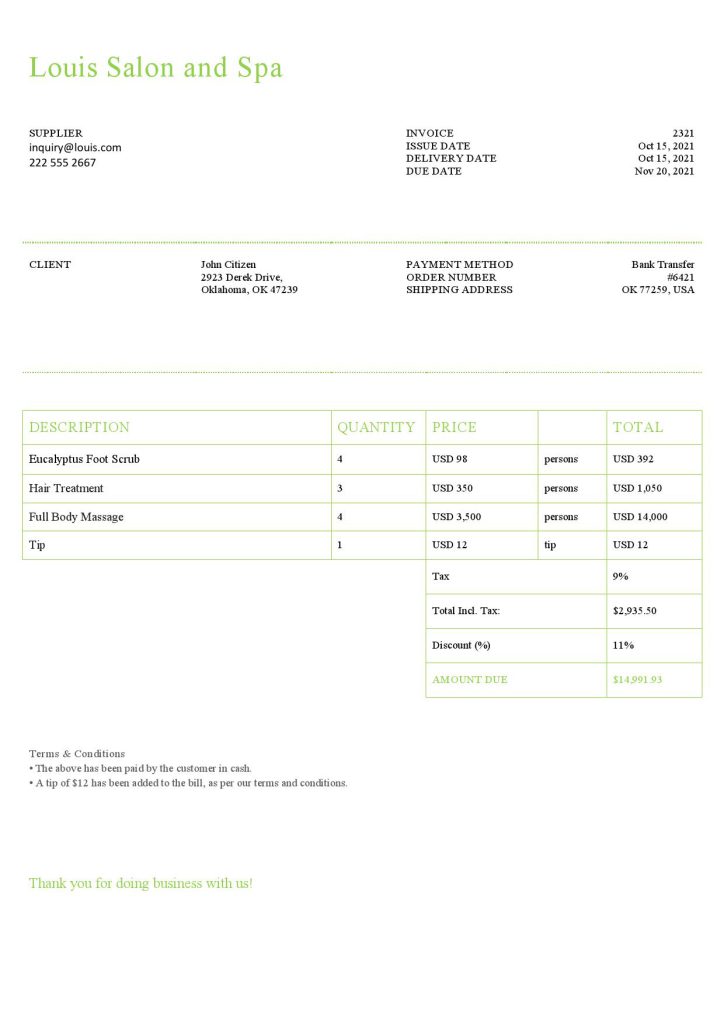 USA Louis Salon and Spa invoice template in Word and PDF format, fully editable