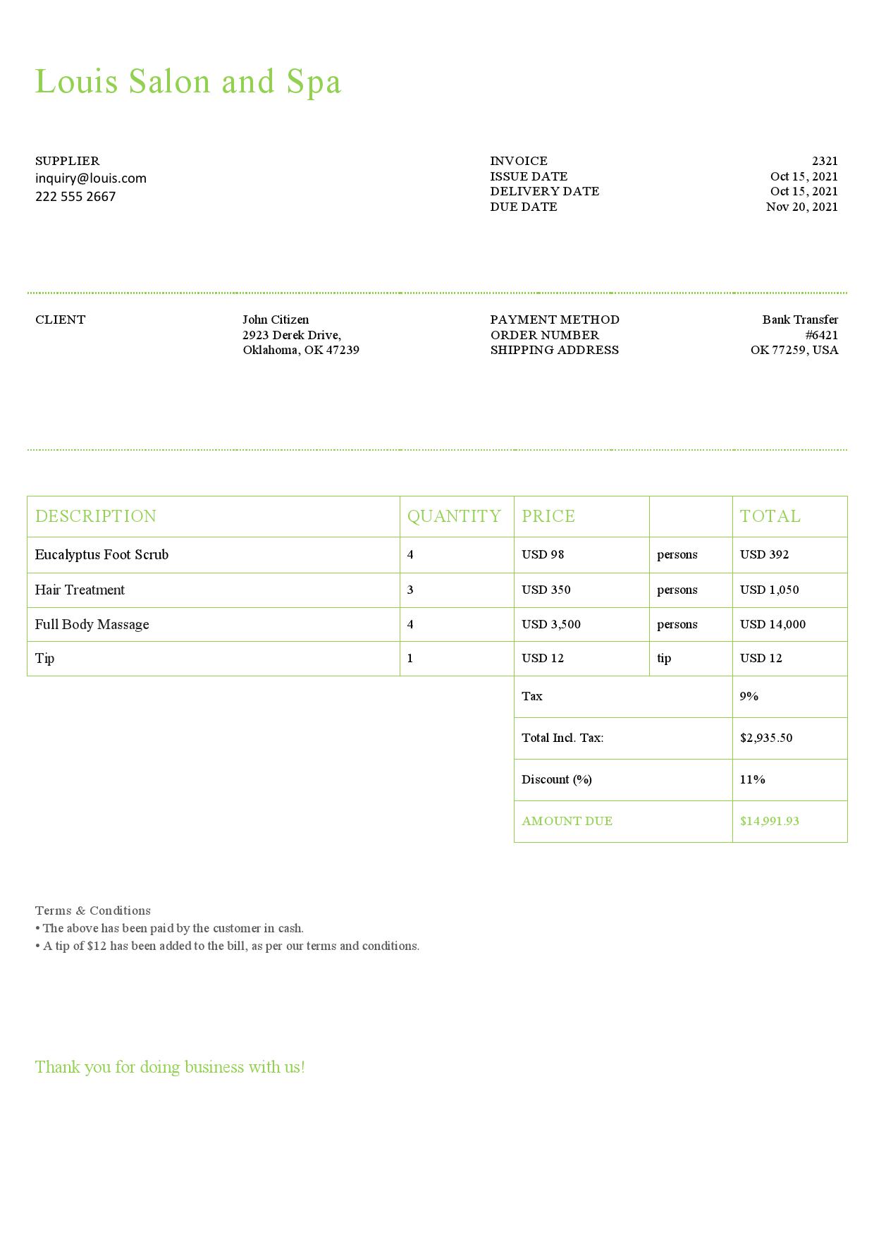 USA Louis Salon and Spa invoice template in Word and PDF format, fully editable
