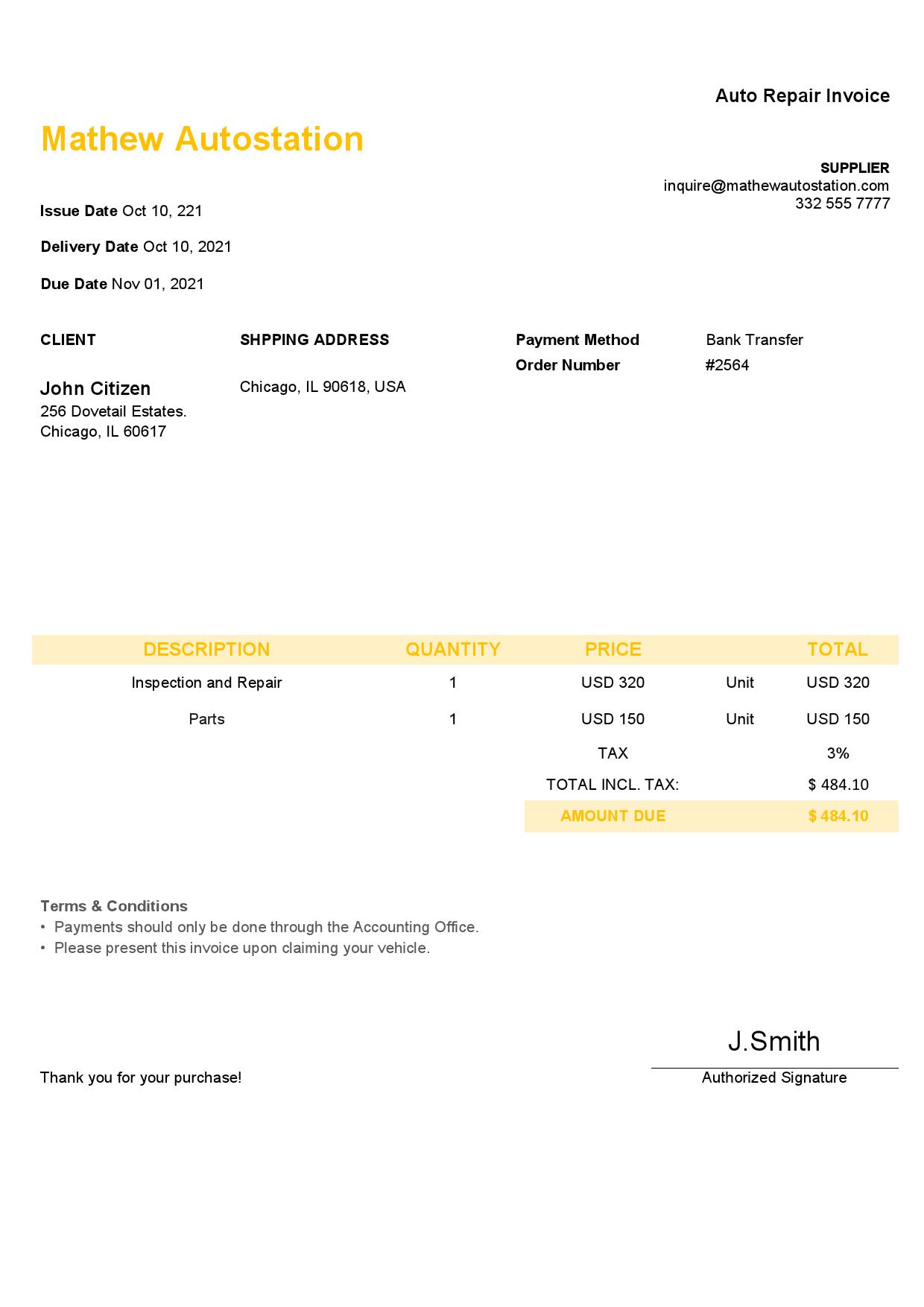 USA Mathew Autostation invoice template in Word and PDF format, fully editable