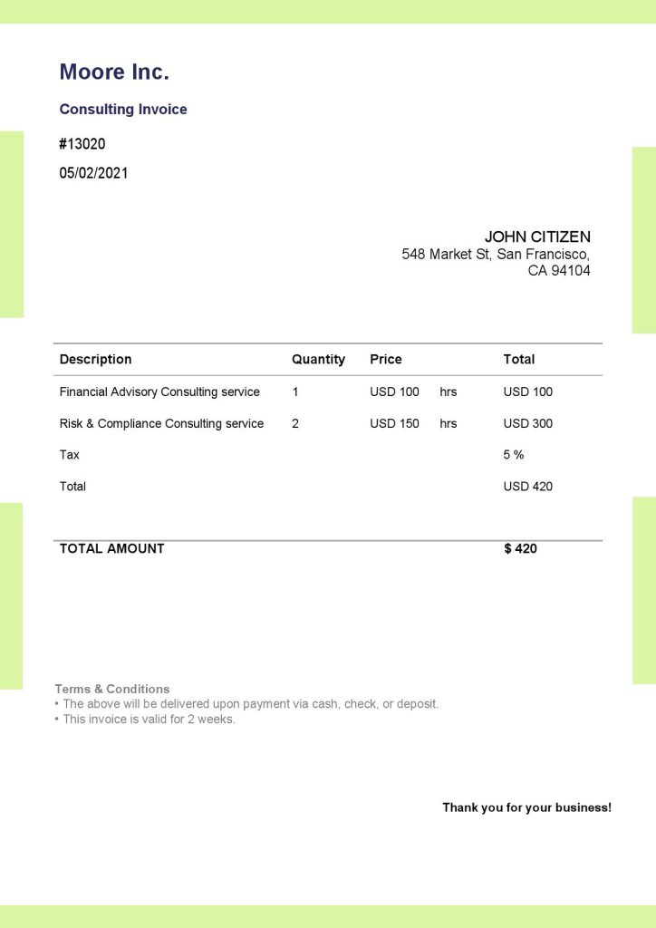 USA Moore Inc. invoice template in Word and PDF format, fully editable