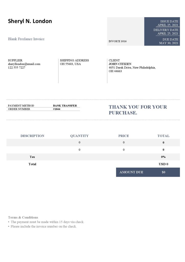 USA Sheryl N. London invoice template in Word and PDF format, fully editable