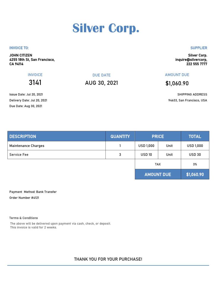 USA Silver Corp. invoice template in Word and PDF format, fully editable