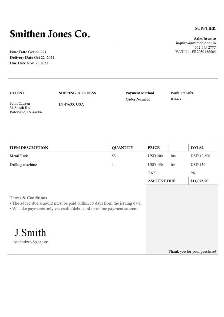 USA Smithen Jones Co. invoice template in Word and PDF format, fully editable