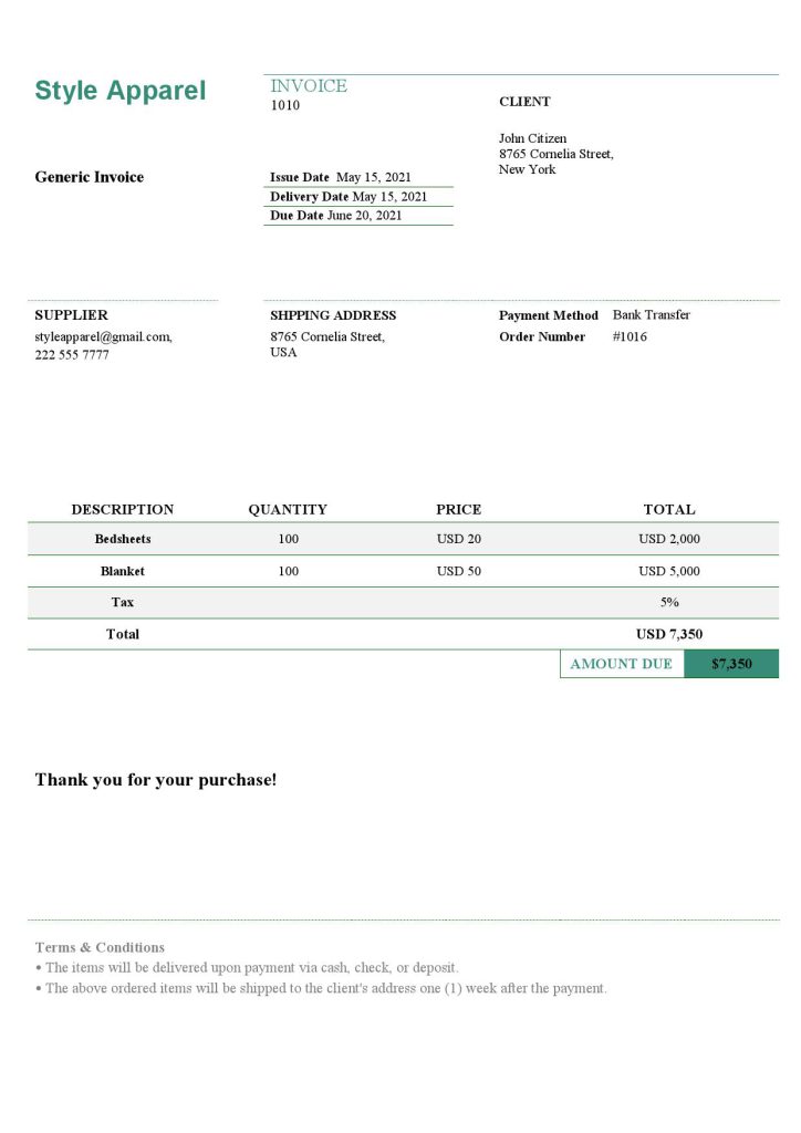 USA Style Apparel invoice template in Word and PDF format, fully editable