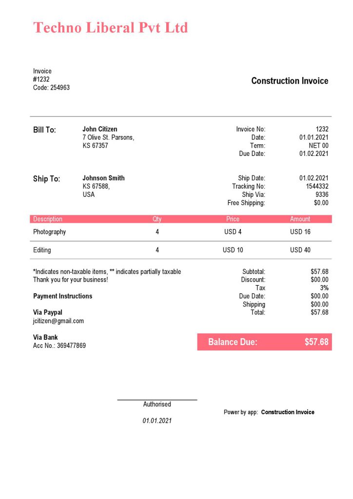 USA Techno Liberal Pvt Ltd invoice template in Word and PDF format, fully editable
