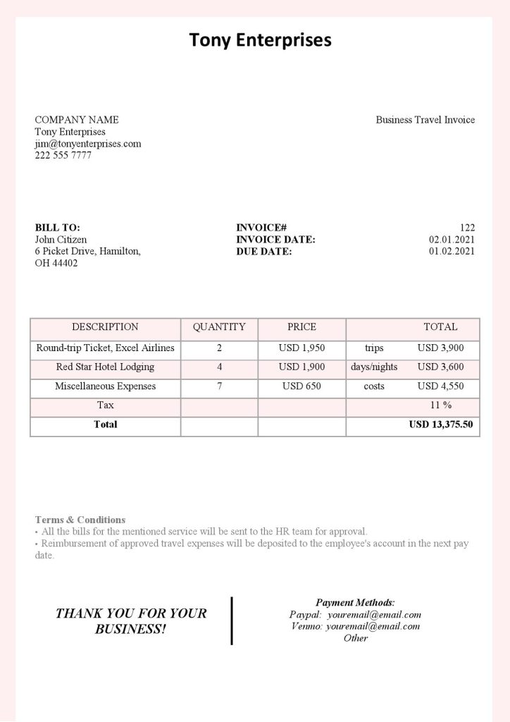 USA Tony Enterprises invoice template in Word and PDF format, fully editable