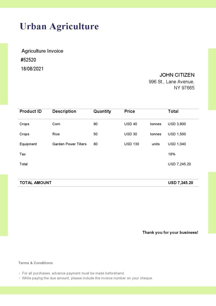 USA Urban Agriculture invoice template in Word and PDF format, fully editable