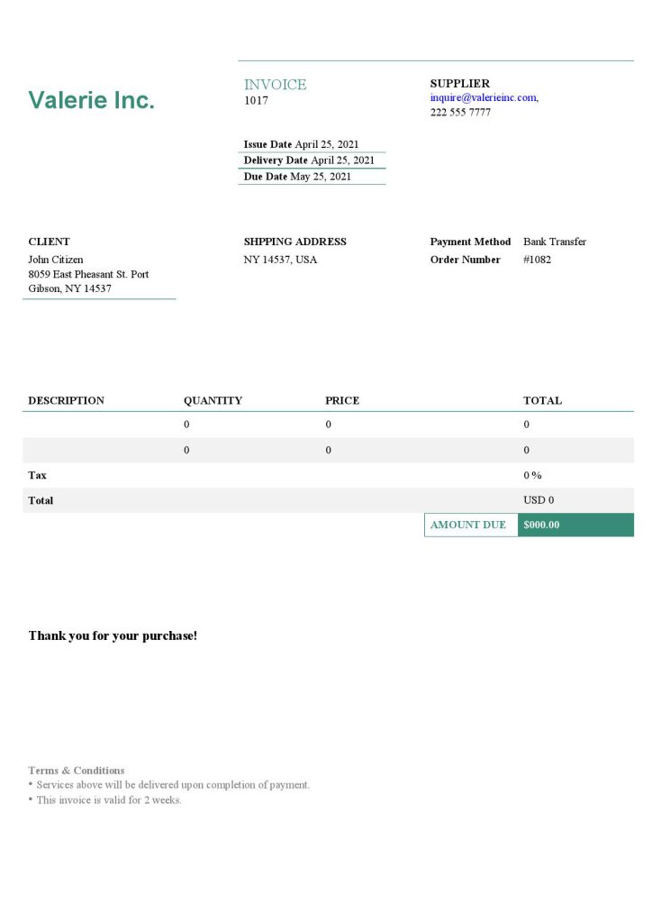 USA Valerie Inc. invoice template in Word and PDF format, fully editable USA Valerie Inc. invoice template in Word and PDF format, fully editable