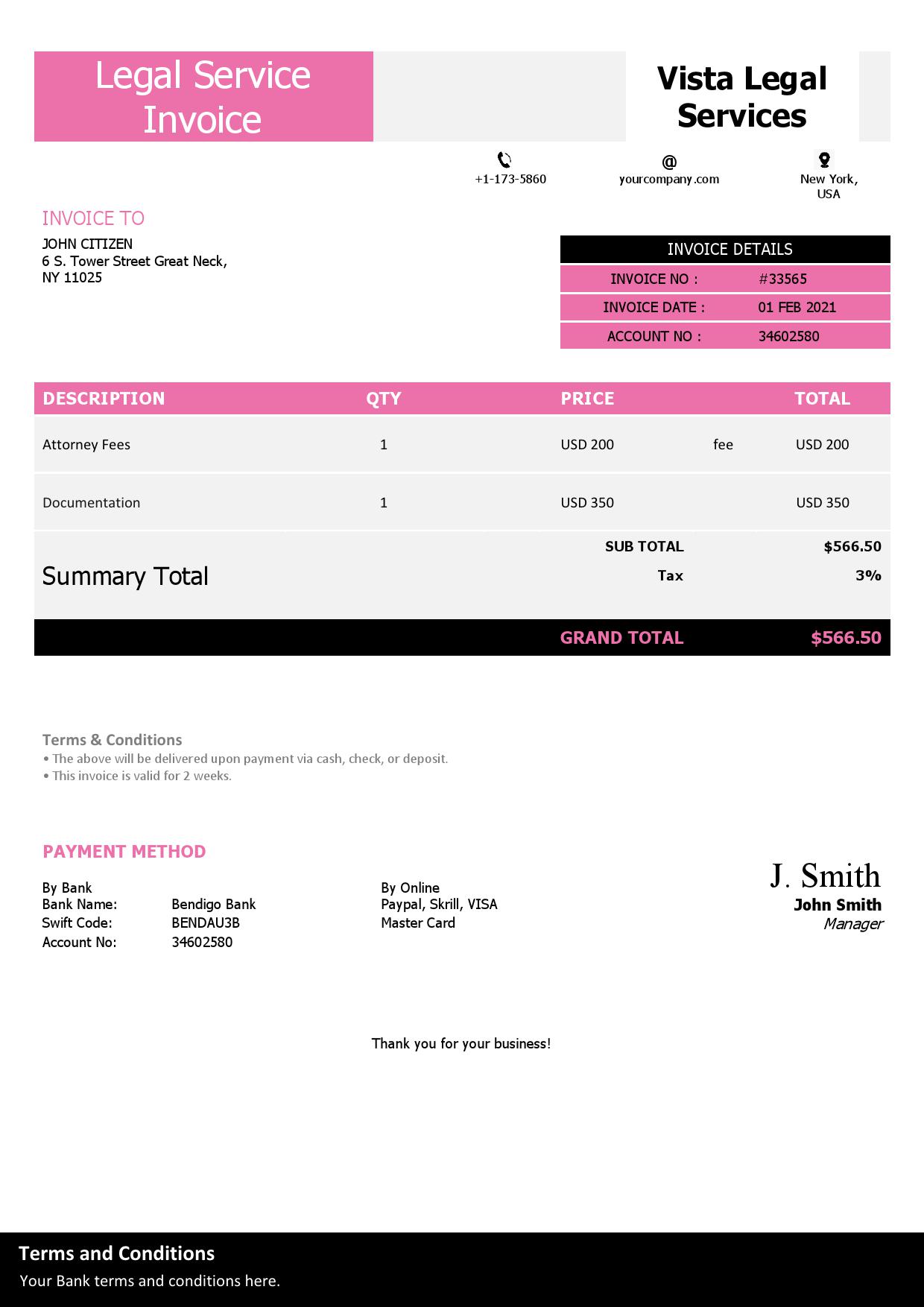 USA Vista Legal Services invoice template in Word and PDF format, fully editable