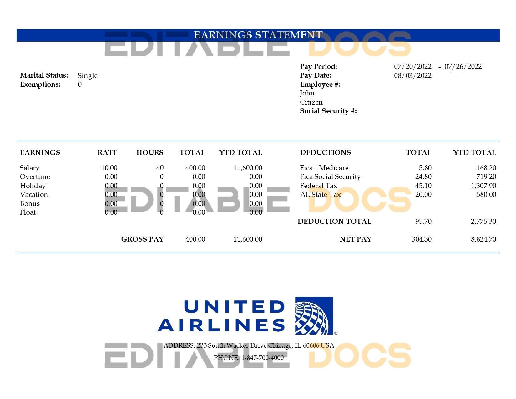USA United Airlines Holdings airlines company pay stub Word and PDF template