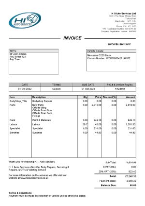England Editable Templates 5 United Kingdom H I Auto Services Ltd invoice Word and PDF template, fully editable