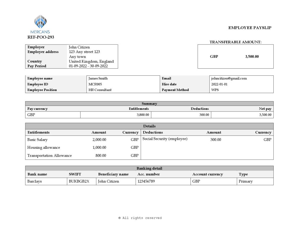 United Kingdom Mercans Global Payroll Solutions & Services payroll company pay stub Word and PDF template