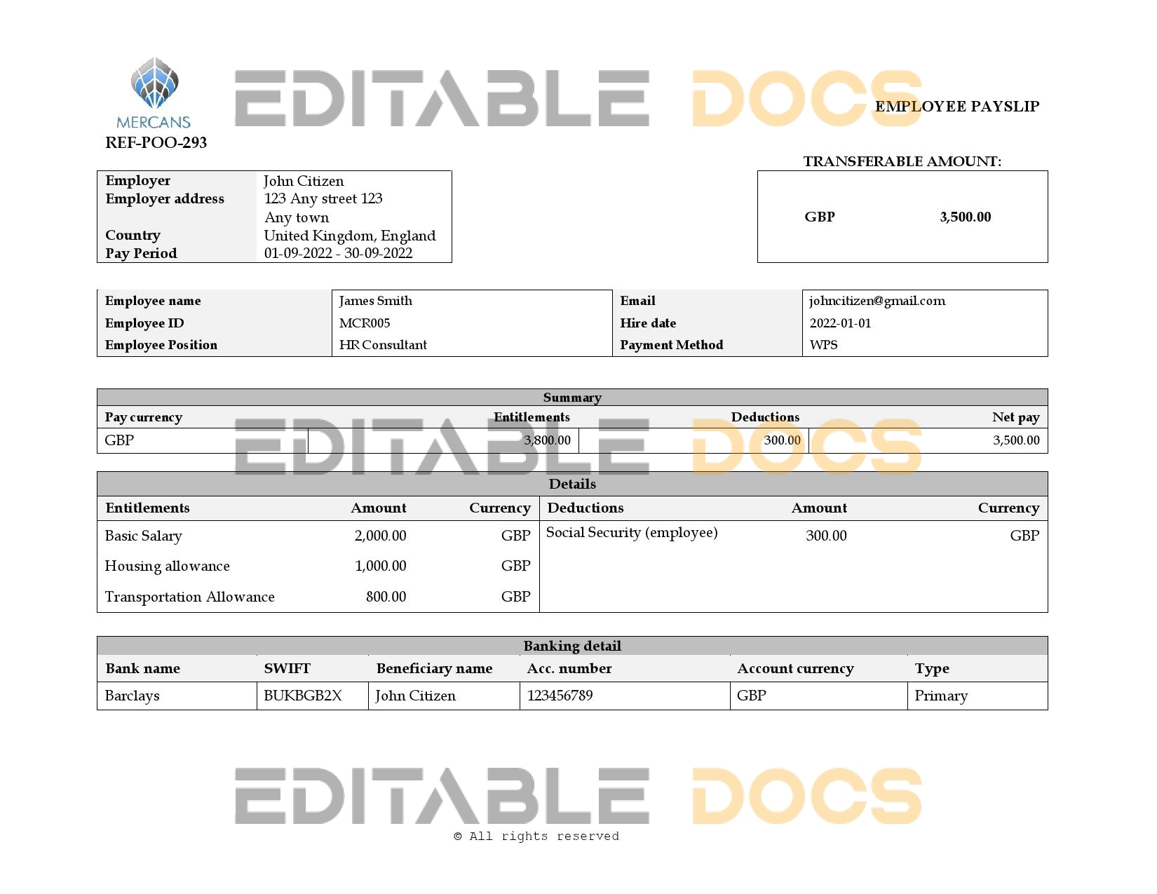 United Kingdom Mercans Global Payroll Solutions & Services payroll company pay stub Word and PDF template