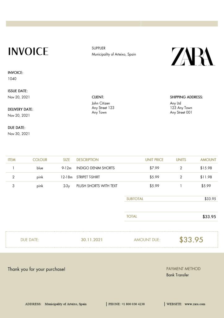 USA ZARA invoice template in Word and PDF (.doc and .pdf) format