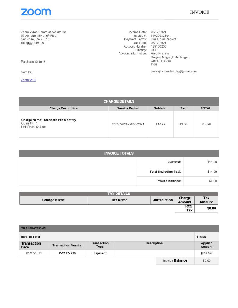USA Zoom invoice template in Word and PDF (.doc and .pdf) format