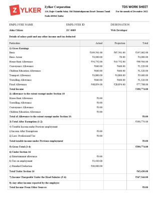 India Zylker Corporation software company pay stub Word and PDF template