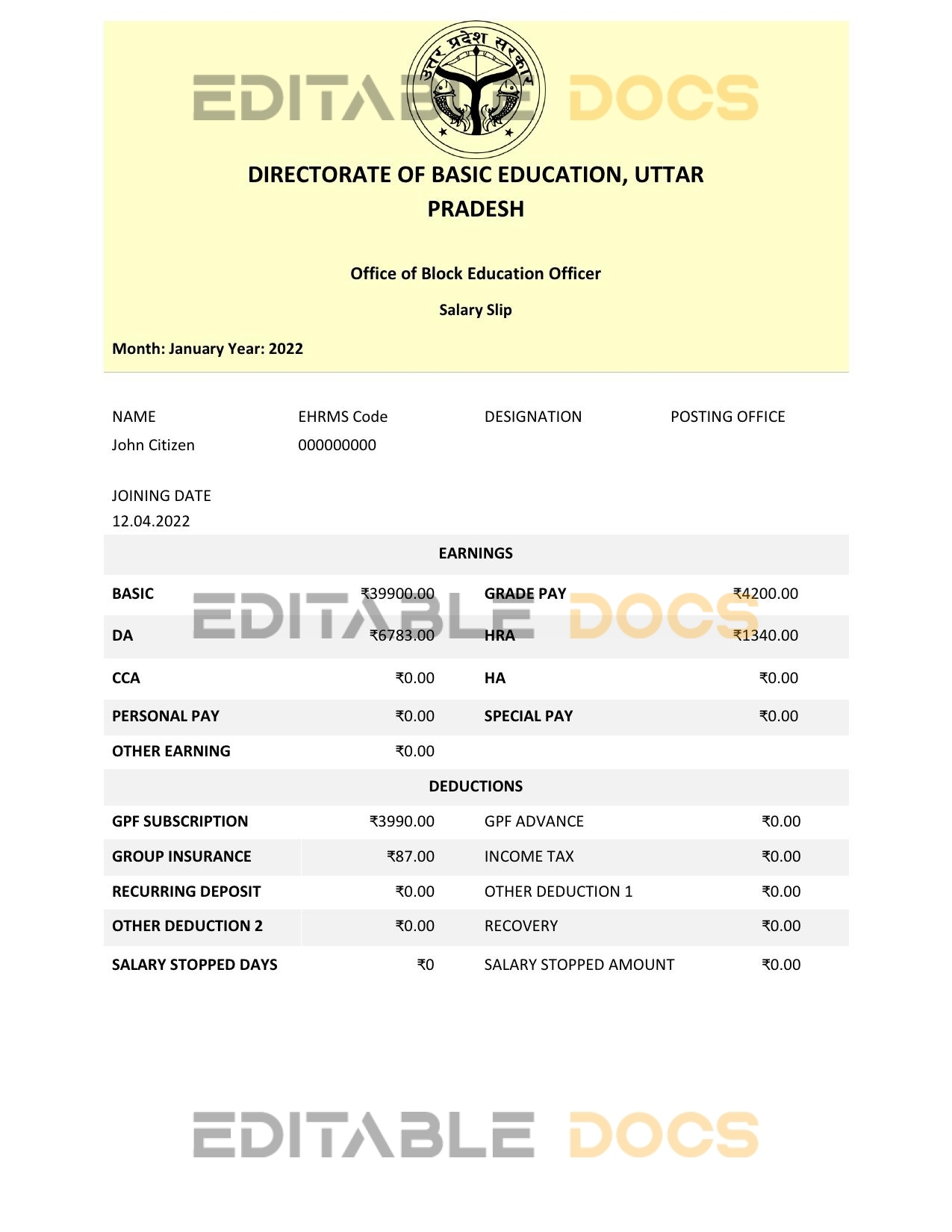 India Directorate of Basic Education Uttar Pradesh educational company pay stub Word and PDF template